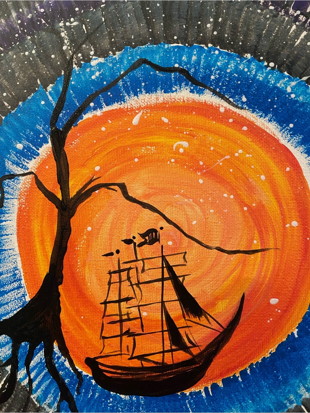 🧡 💙 🖤 Hand-Painted Orange and Blue Nautical Art Canvas - @heatherellio825